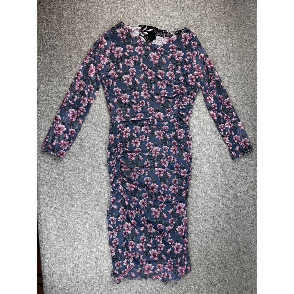WHBM Mesh Midi Dress Blue Black Medium Reversible Floral Ruched Cottage Feminine